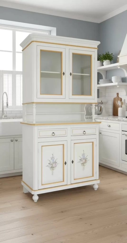 Cristalliera 2 porte shabby legno bianco decorata filo oro 104x43x208 - Mobili 2G