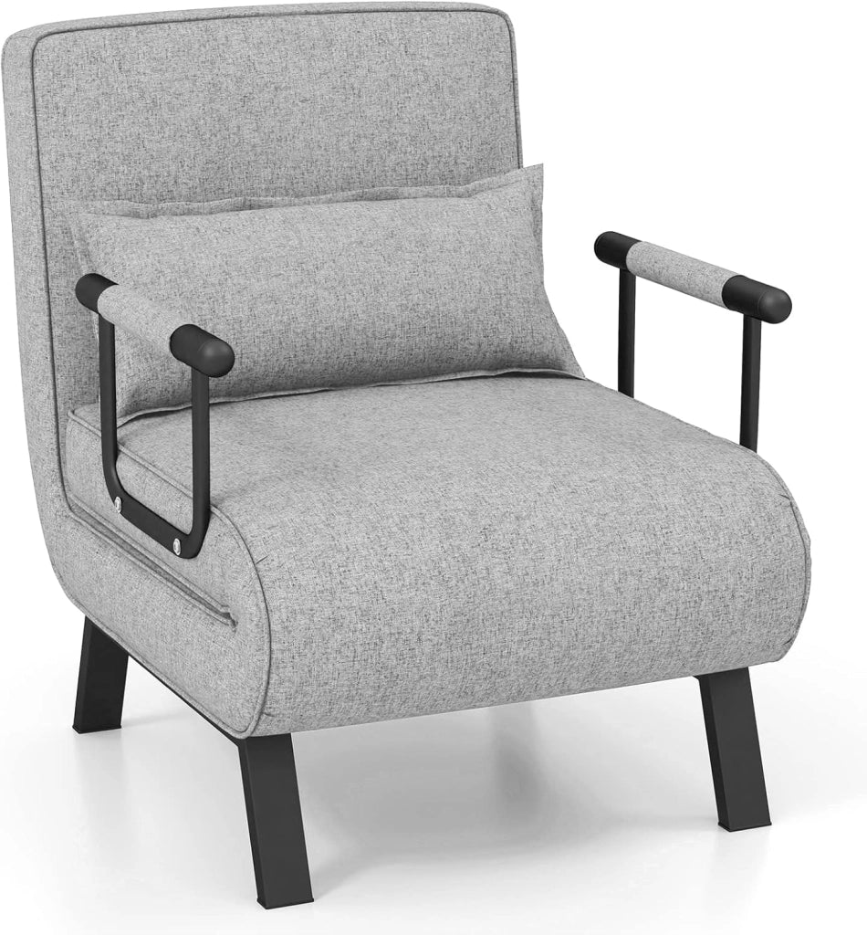 4 in 1 Poltrona Letto Singolo, Poltroncina Pieghevole con Schienale Regolabile in 6 Posizioni, Sedile Imbottito Robusto, Divano Letto per Casa Ufficio, 79x65x79 cm (Grigio chiaro)