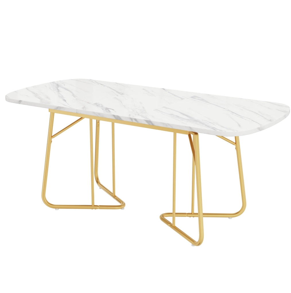 Tavolo da pranzo allungabile bianco effetto marmo; piano in MDF e gambe in metallo dorato