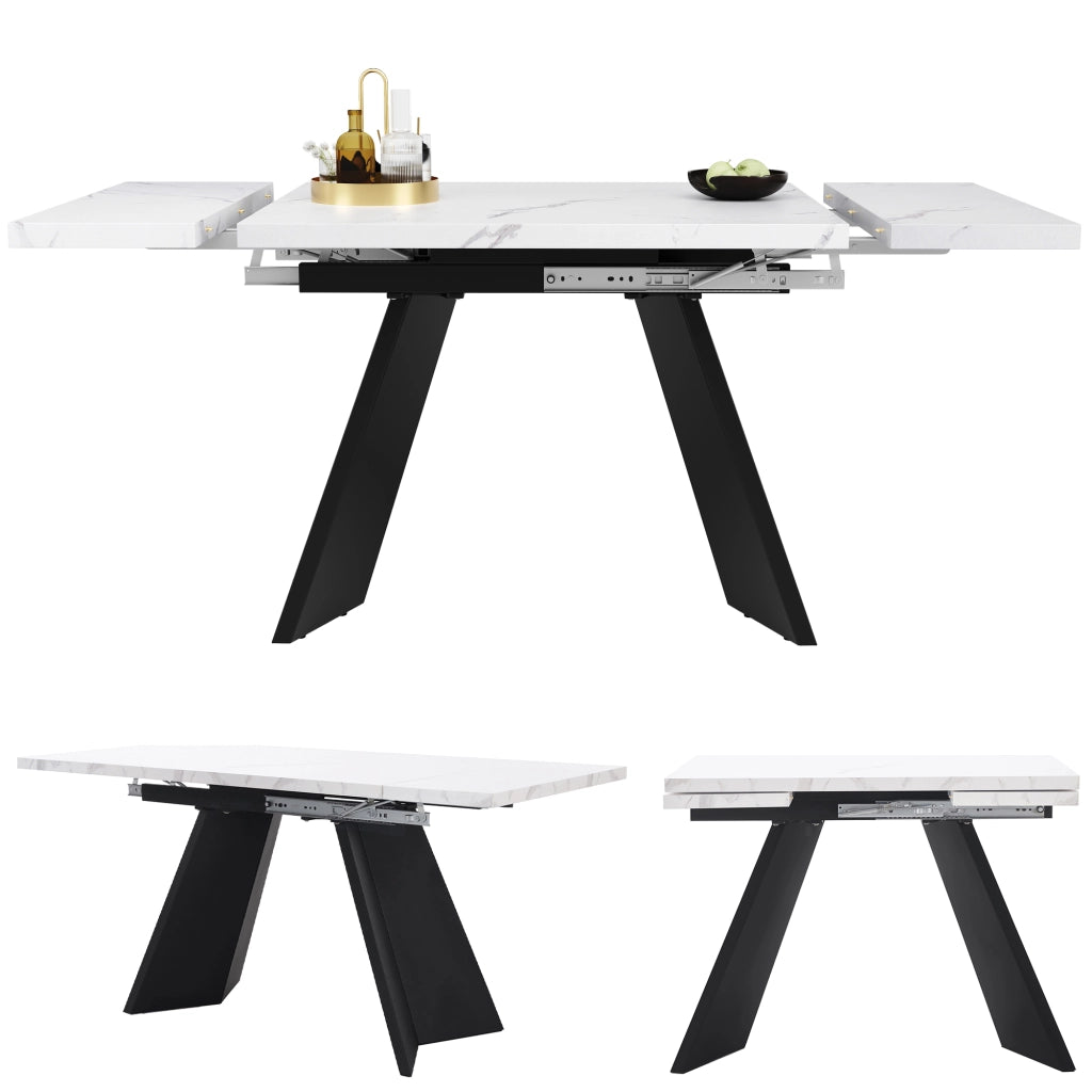 Tavolo allungabile con piano effetto marmo, in MDF e metallo, per cucina e soggiorno, bianco nero, 159 × 74 × 77 cm