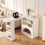 Tavolo bar allungabile moderno bianco con piano effetto marmo, vano per animali domestici e ripiani aperti, 120(+80)×40×100 cm