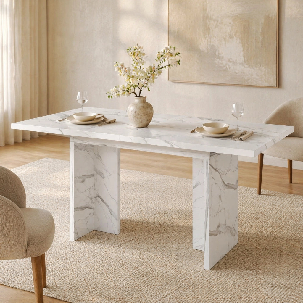 Tavolo da pranzo allungabile 140-180 cm in MDF, effetto marmo bianco, per 6-8 persone