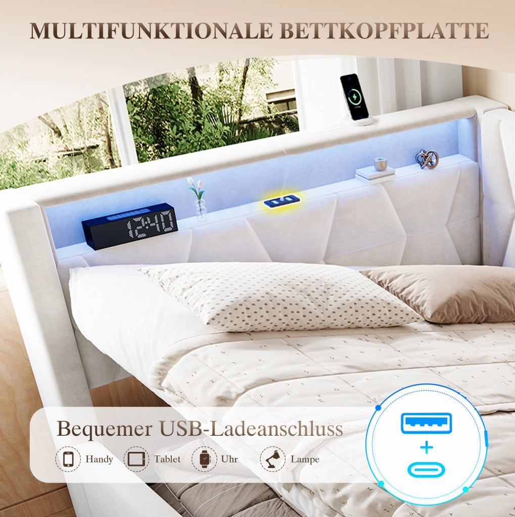 Letto imbottito 140x200 cm beige con contenitore, LED e USB