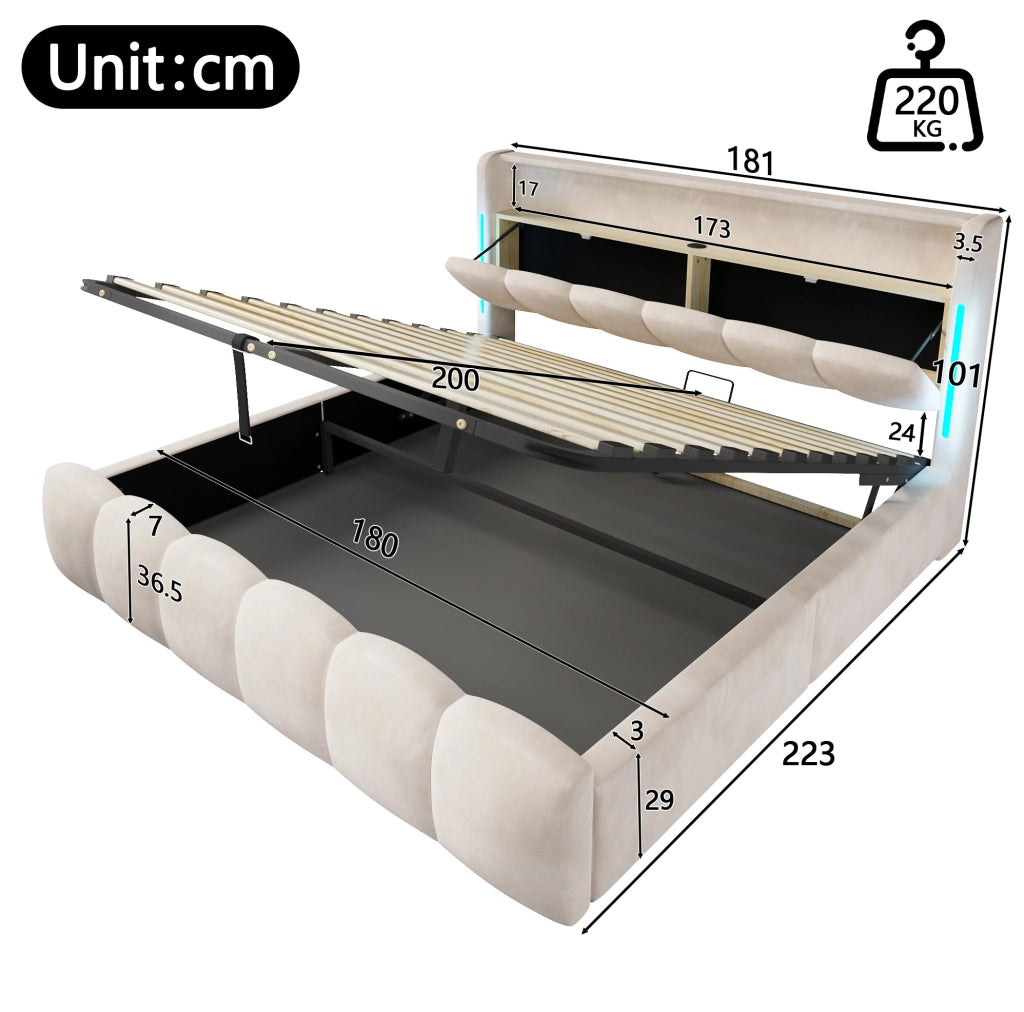 Letto matrimoniale imbottito 180x200 cm in velluto beige con LED; contenitore e USB/Type-C