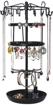 Standarizzatore rotante per gioielli 4 livelli, albero per gioielli con 24 ganci e 36 contenitori per orecchini, contenitore per catenina per orecchini, catene, bracciali, standarizzatore per gioielli con spazio per catenina H42 x B20 cm, nero