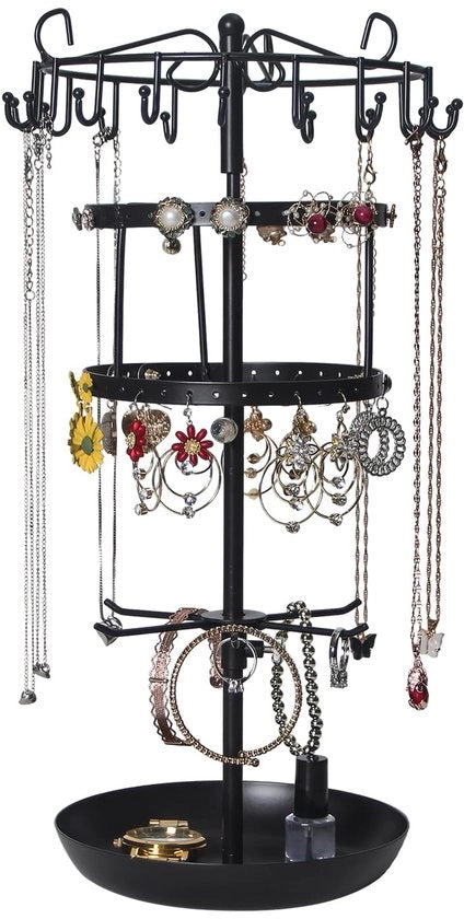 Standarizzatore rotante per gioielli 4 livelli, albero per gioielli con 24 ganci e 36 contenitori per orecchini, contenitore per catenina per orecchini, catene, bracciali, standarizzatore per gioielli con spazio per catenina H42 x B20 cm, nero