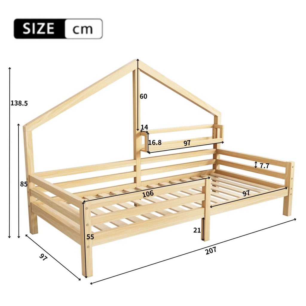 Letto a casetta 90x200 cm in pino naturale con libreria e sponde laterali