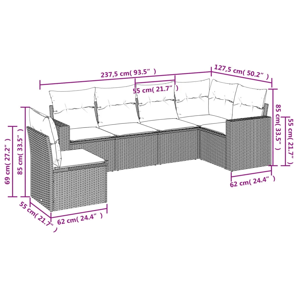 Set Divano da Giardino 6 pz con Cuscini Grigio in Polyrattan 3251367