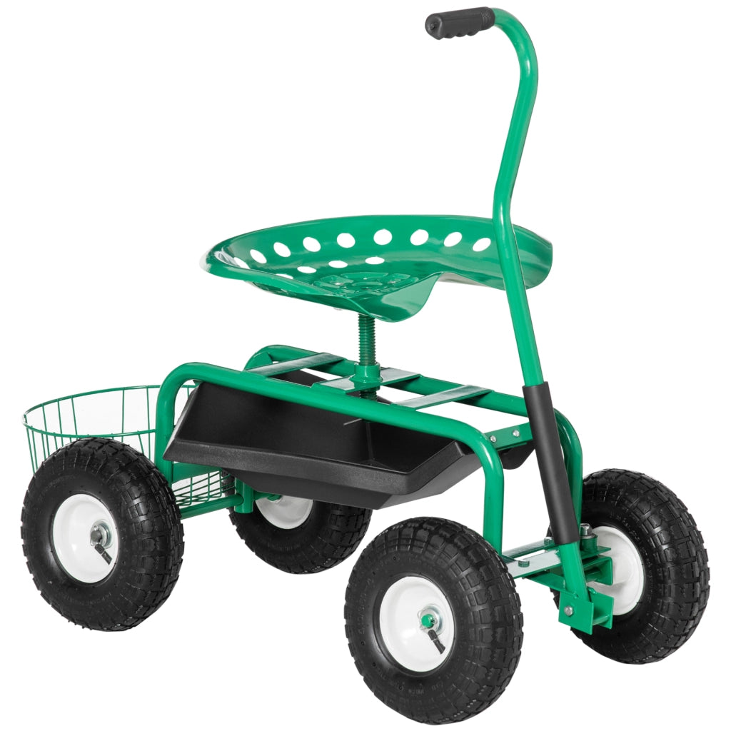 Carrello da giardino con seduta girevole, vassoio portaoggetti, altezza regolabile, portata 150 kg, verde