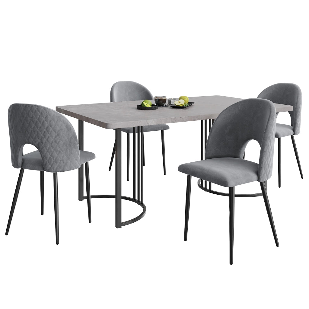 Tavolo da pranzo per 4 persone con 4 sedie, piano effetto marmo e gambe regolabili, grigio, 140 × 80 cm