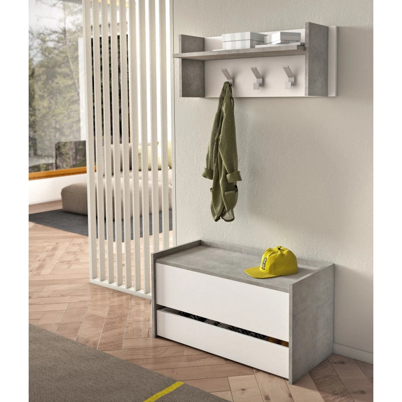 Baule contenitore con chiusura rallentata e cassetto con guide in metallo cemento e bianco 90x40x46 cm - Terraneo