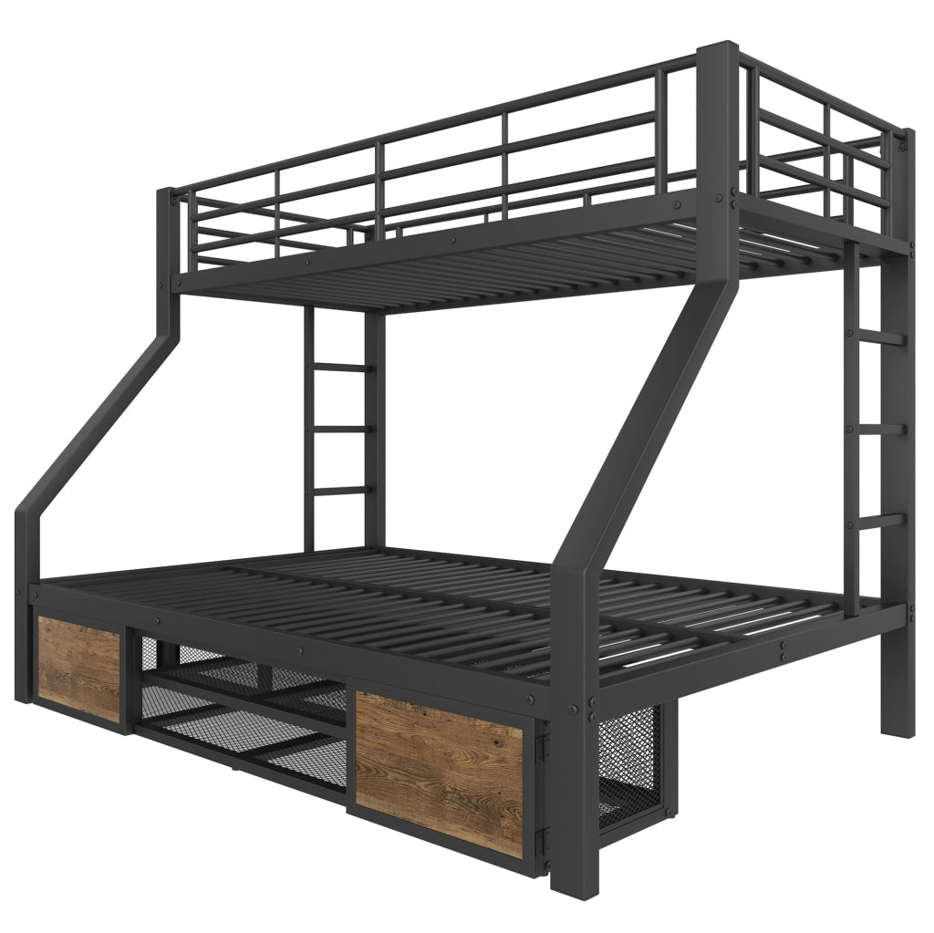 Letto a castello ULEVR 90x200 e 140x200 cm con scarpiera, 2 vani e scala, nero