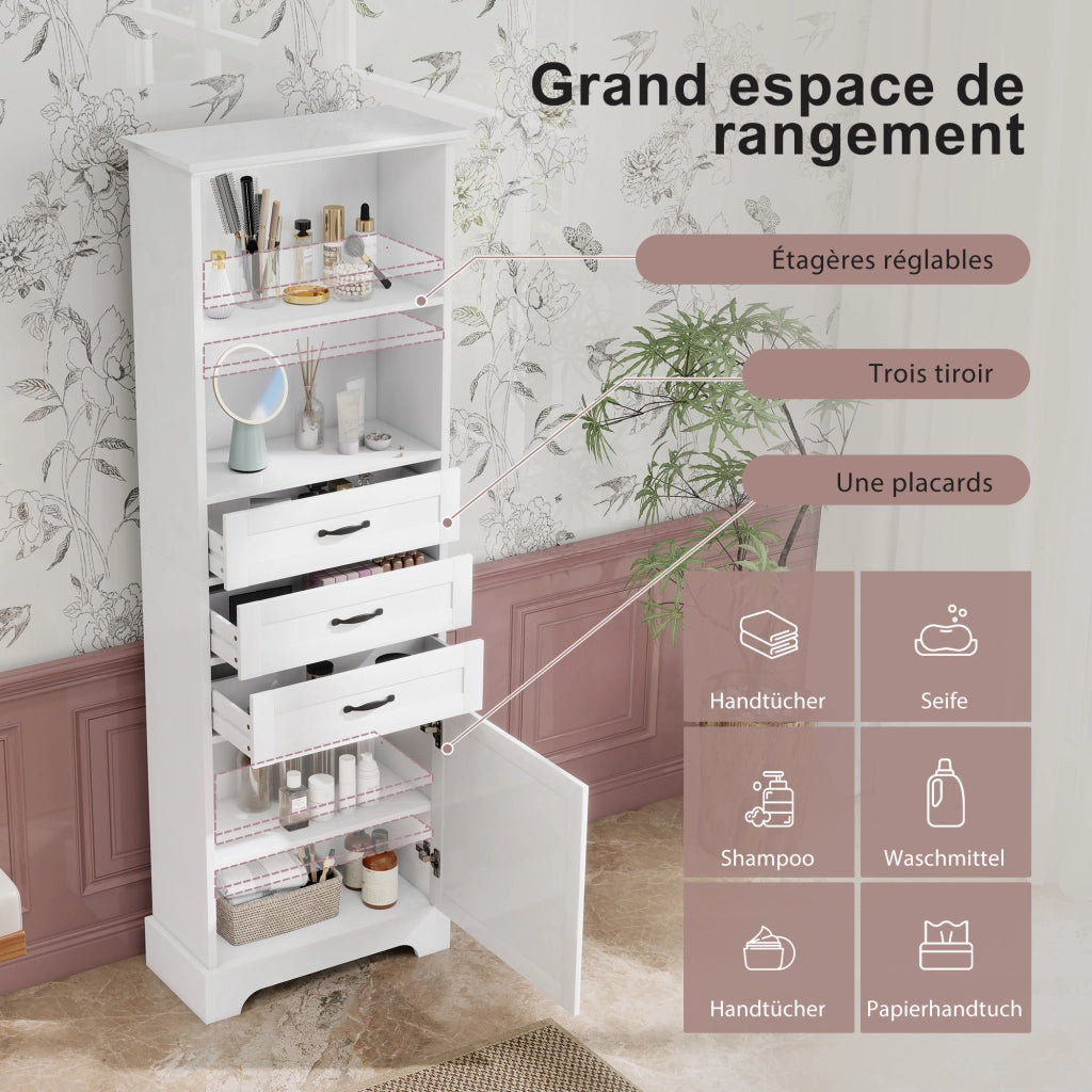 Armadietto da bagno con 1 anta 3 cassetti e vani aperti con ripiani regolabili in MDF bianco 56 × 25,6 × 167 cm