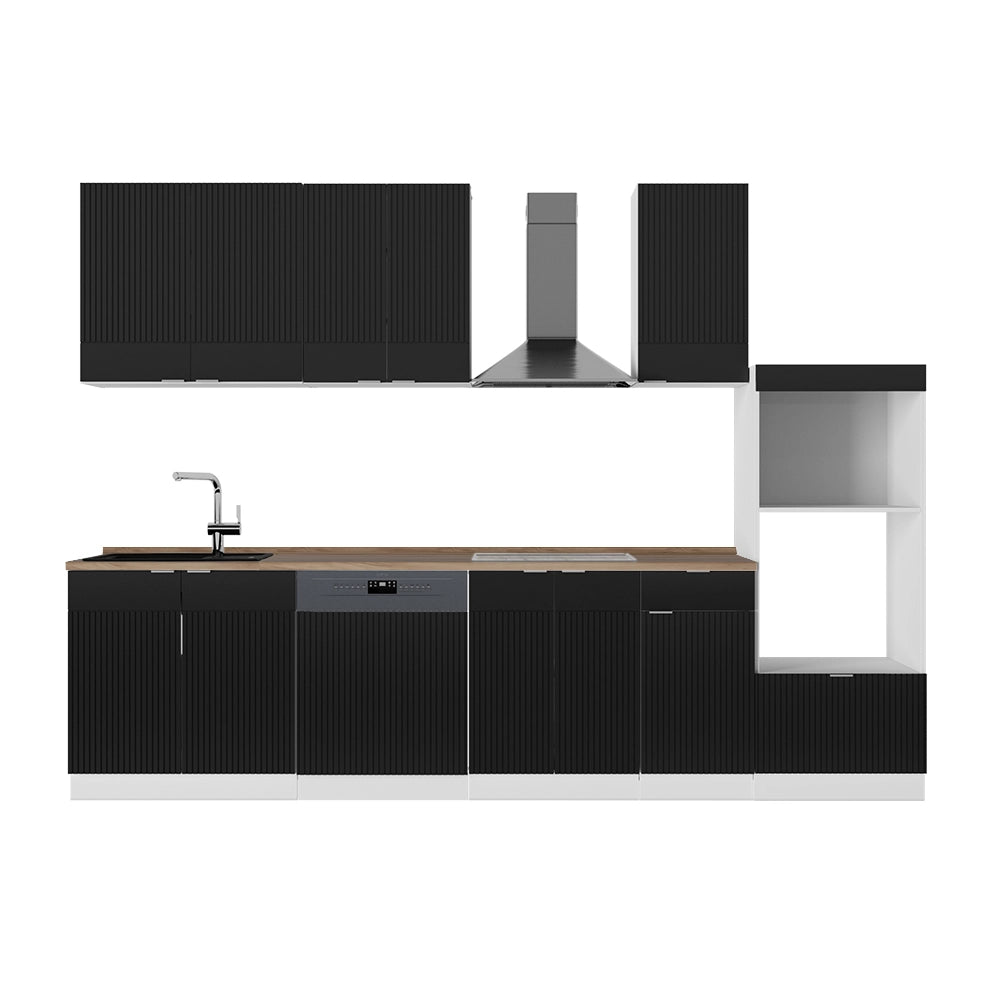 Cucina componibile Fame-Line Nero rigato/Bianco 300 cm con armadio alto, PL Rovere Vicco