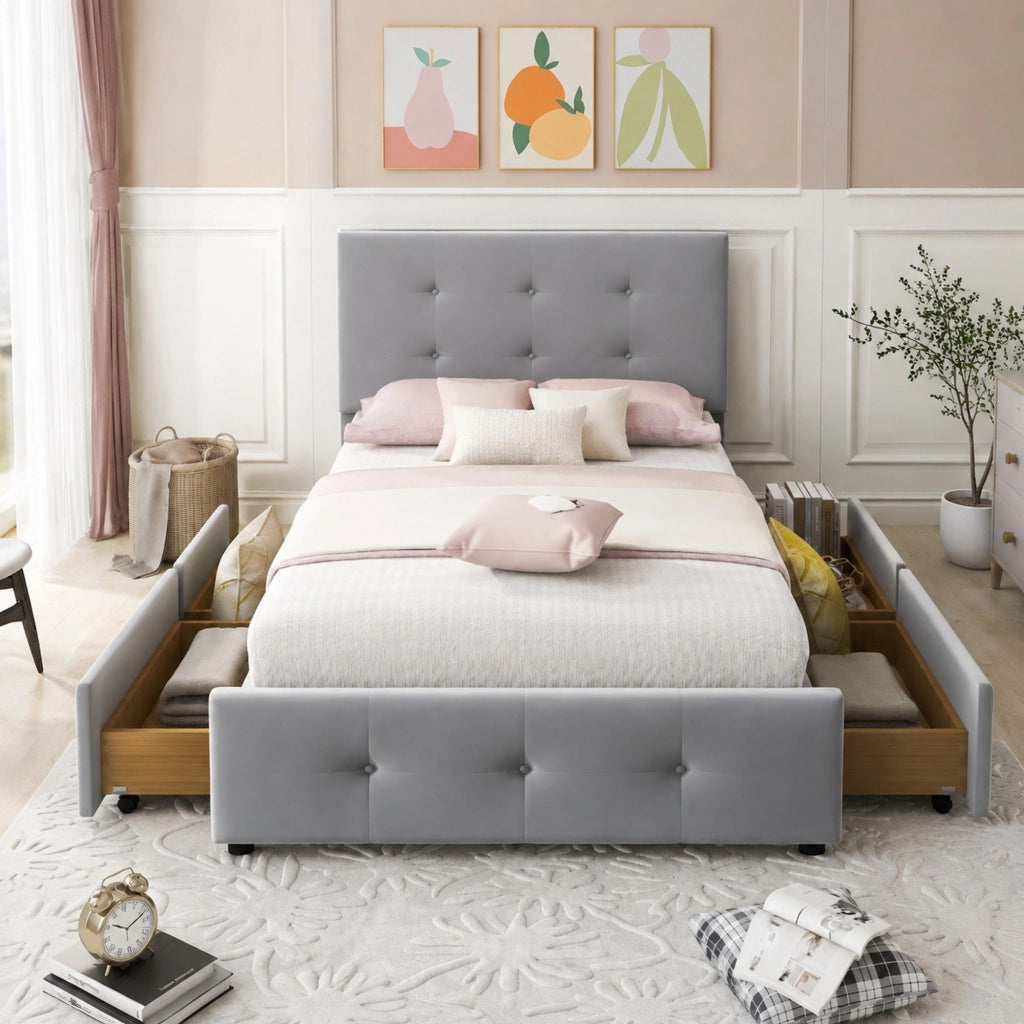 Letto imbottito classico 90x200 cm in velluto grigio con testiera e cassetto contenitore