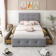 Letto imbottito classico 90x200 cm in velluto grigio con testiera e cassetto contenitore