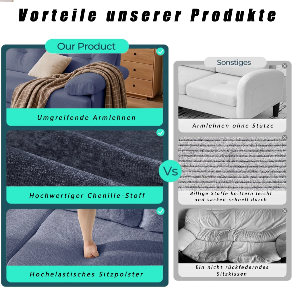 Divano angolare reversibile a 3 posti con cuscini imbottiti, braccioli larghi, struttura in legno, in tessuto chenille blu