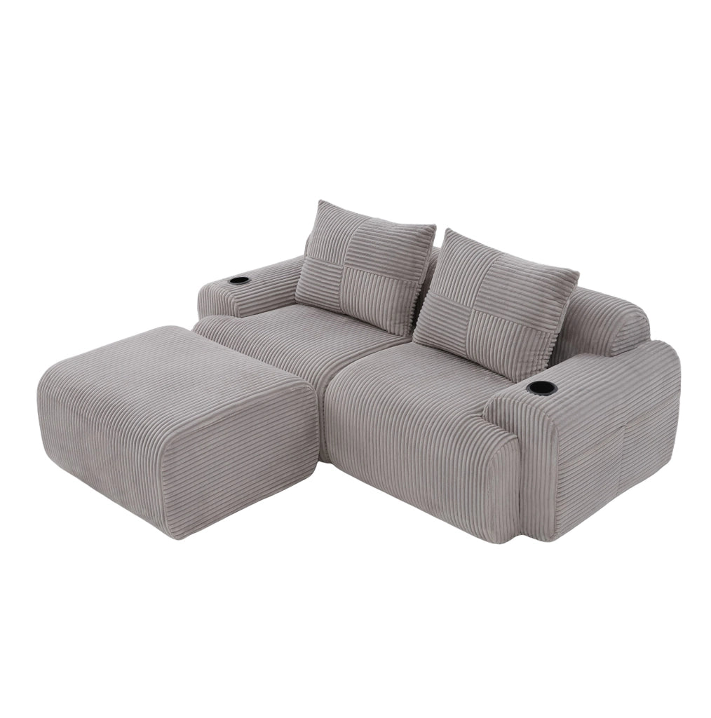 Divano modulare a 2 posti in corduroy grigio chiaro; 200x174x80 cm; con portabicchiere e tasca laterale