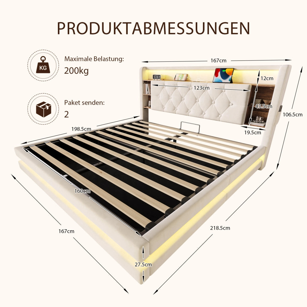 Letto Contenitore 160x200 cm; Letto Matrimoniale con LED; USB e Type-C; in Velluto Beige