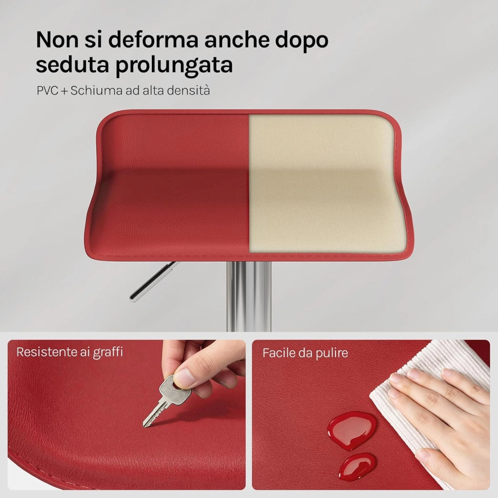 Sgabello da Cucina, Sgabello da Bar Colazione Regolabile in Altezza Girevole a 360°, per Bar, Cucina, Banco, Caffè, PVC+Metallo, con Poggiapiedi, Bordeaux+Argento