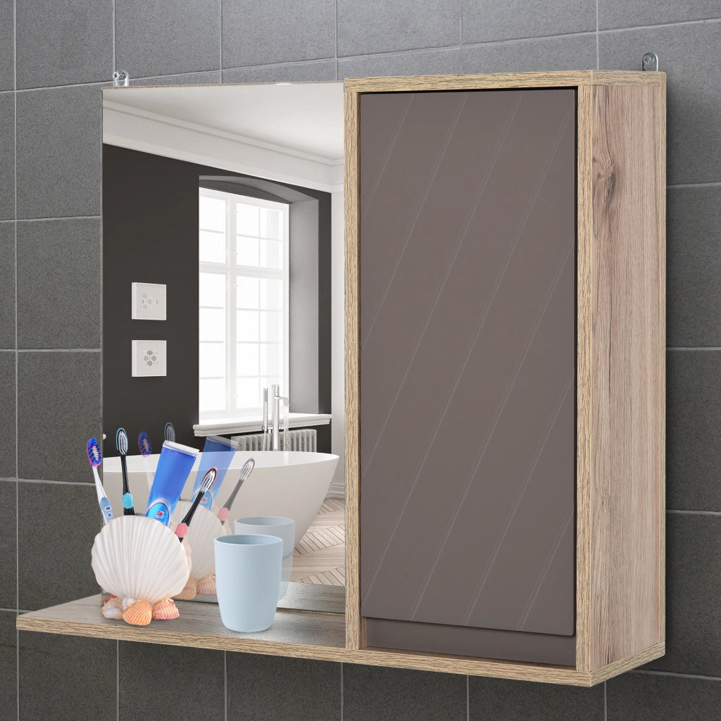 Specchio Bagno con Mobiletto e Ripiani ¨C Minimal ¨C Legno Multistrato Chiaro Grigio