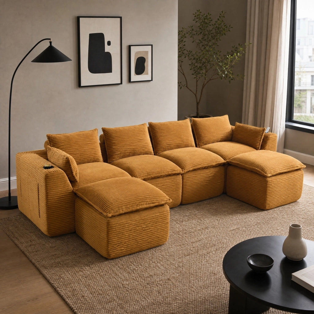 Divano modulare con tasche laterali cuscini schiuma e molle in velluto a coste arancione 322 × 161 × 75 cm