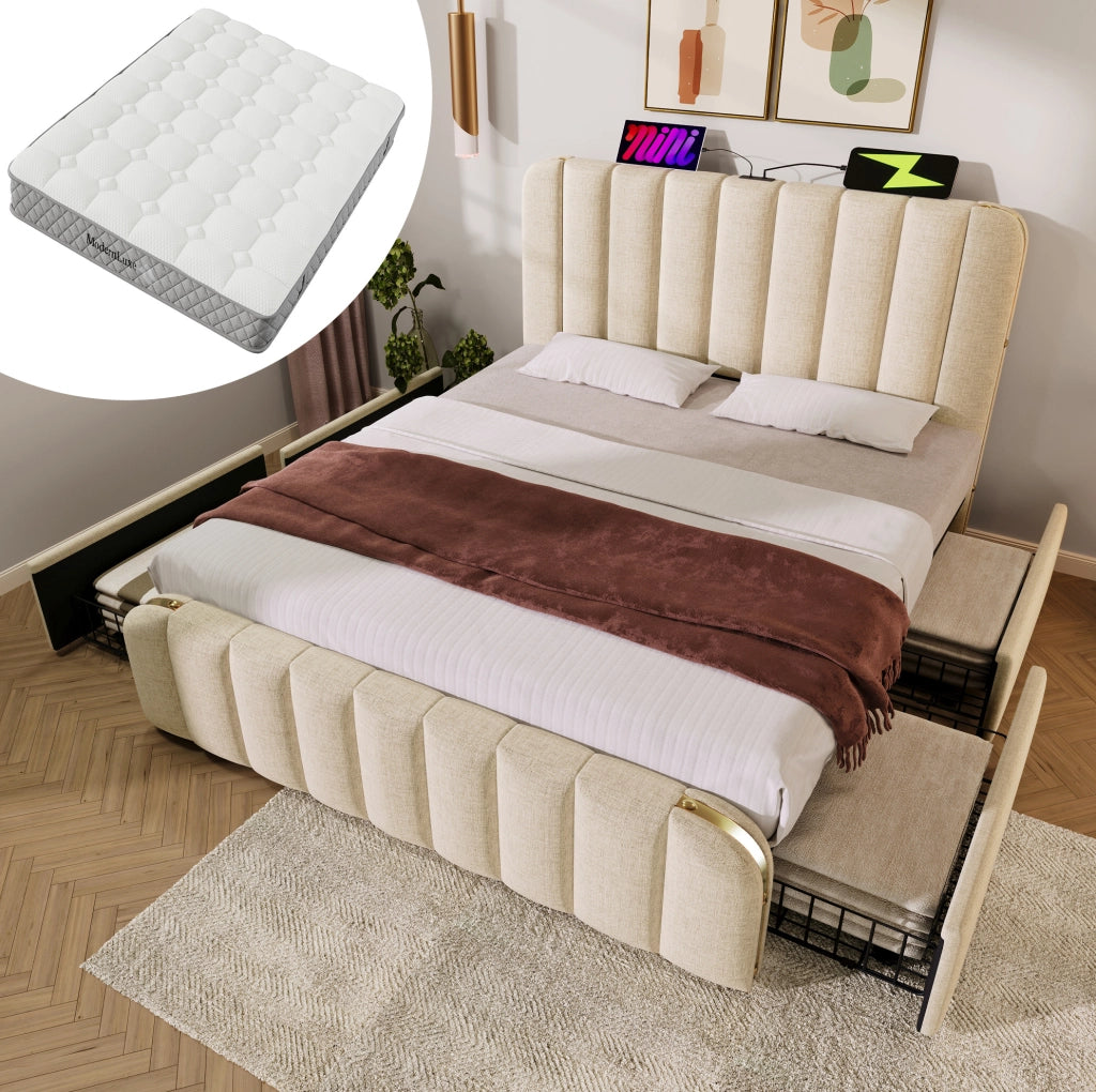 Letto matrimoniale 140x200 cm beige con 4 cassetti e materasso H3