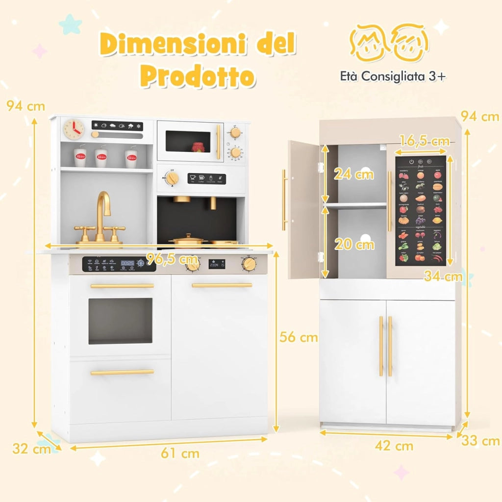 Set da Cucina Giocattolo per Bambini, Cucina per Bambini in Legno con Frigorifero, Macchina da Caffè, Microonde, Fornello, Luci e Suoni Realistici, per 3+ Anni