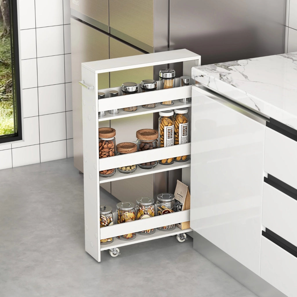 Carrello portaoggetti con maniglia ruote da cucina, Scaffale mobile salvaspazio con scaffali stretti Bianco