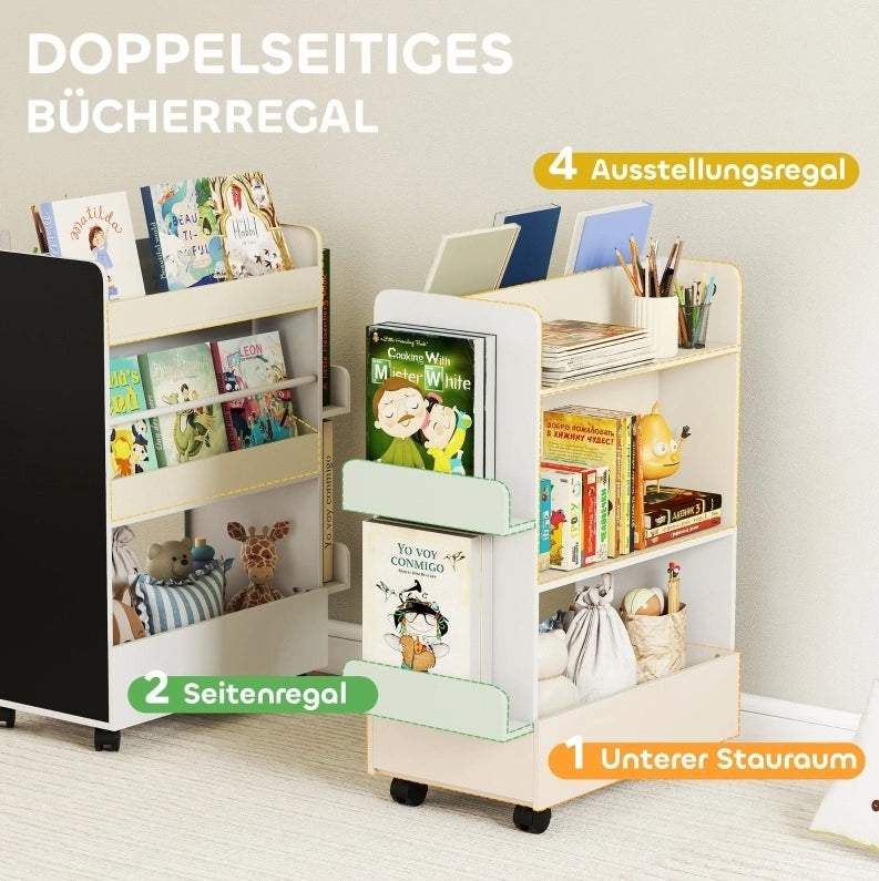 Scaffale libri bambini con lavagna e ruote, bianco