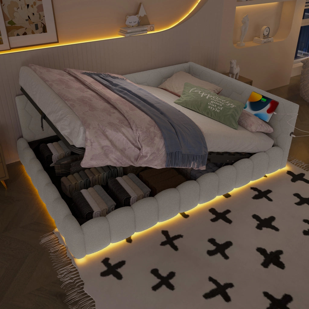 Letto a una piazza e mezza 140x200 cm con rete a doghe, contenitore idraulico, LED, USB e Type-C, bianco