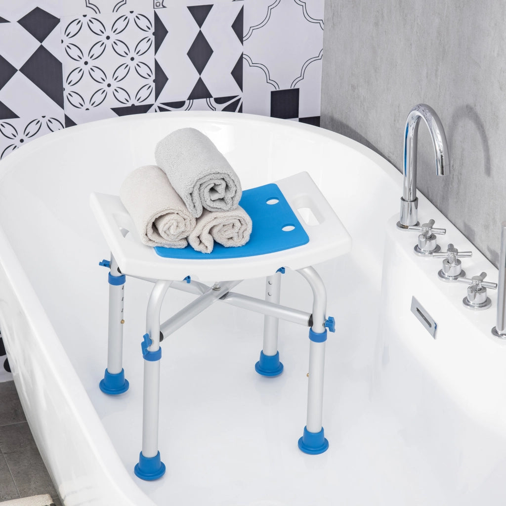 Sgabello per Doccia in Alluminio con Altezza Regolabile e Piedini Antiscivolo a Ventosa, Blu