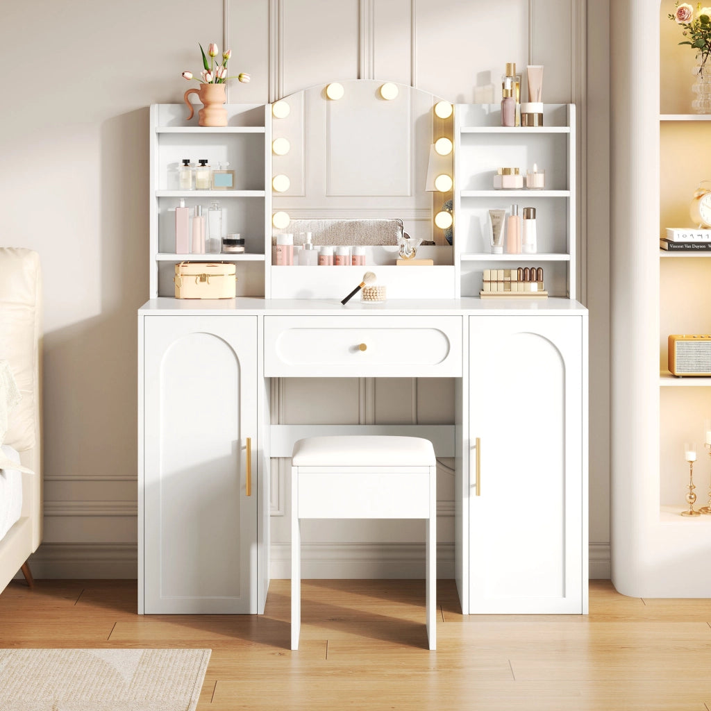 Scrivania Toeletta con Specchio LED, Cassetto e Ante ¨C MINIMAL ¨C Bianco, 110x40x132