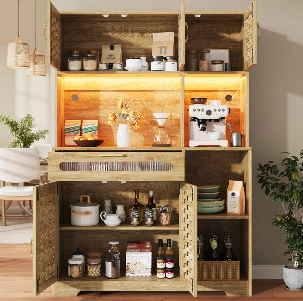 Credenza alta 120x40x180 cm con LED; ante in vetro; MDF e metallo naturale