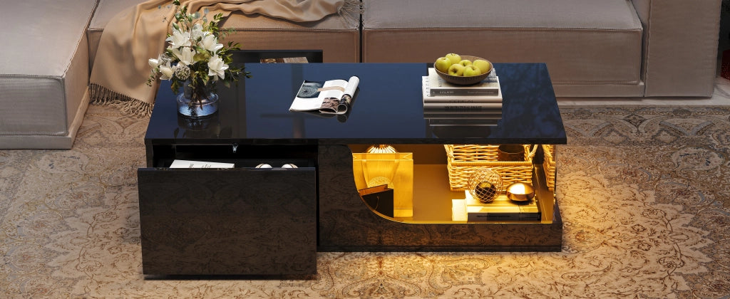 Tavolino da salotto nero lucido con LED e 2 cassetti 100x50x30 cm