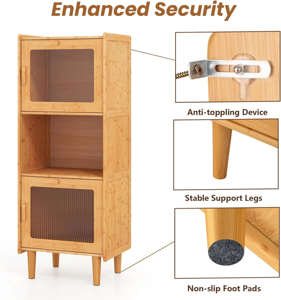 Credenza Cucina Salvaspazio in Bambù, Armadio Dispensa a 3 Cubi, Colonna Cucina con 2 Ante in Acrilico, Kit Anti-Ribaltamento per Sala da Pranzo, Studio, Soggiorno, 49,5x40x130 cm, Naturale
