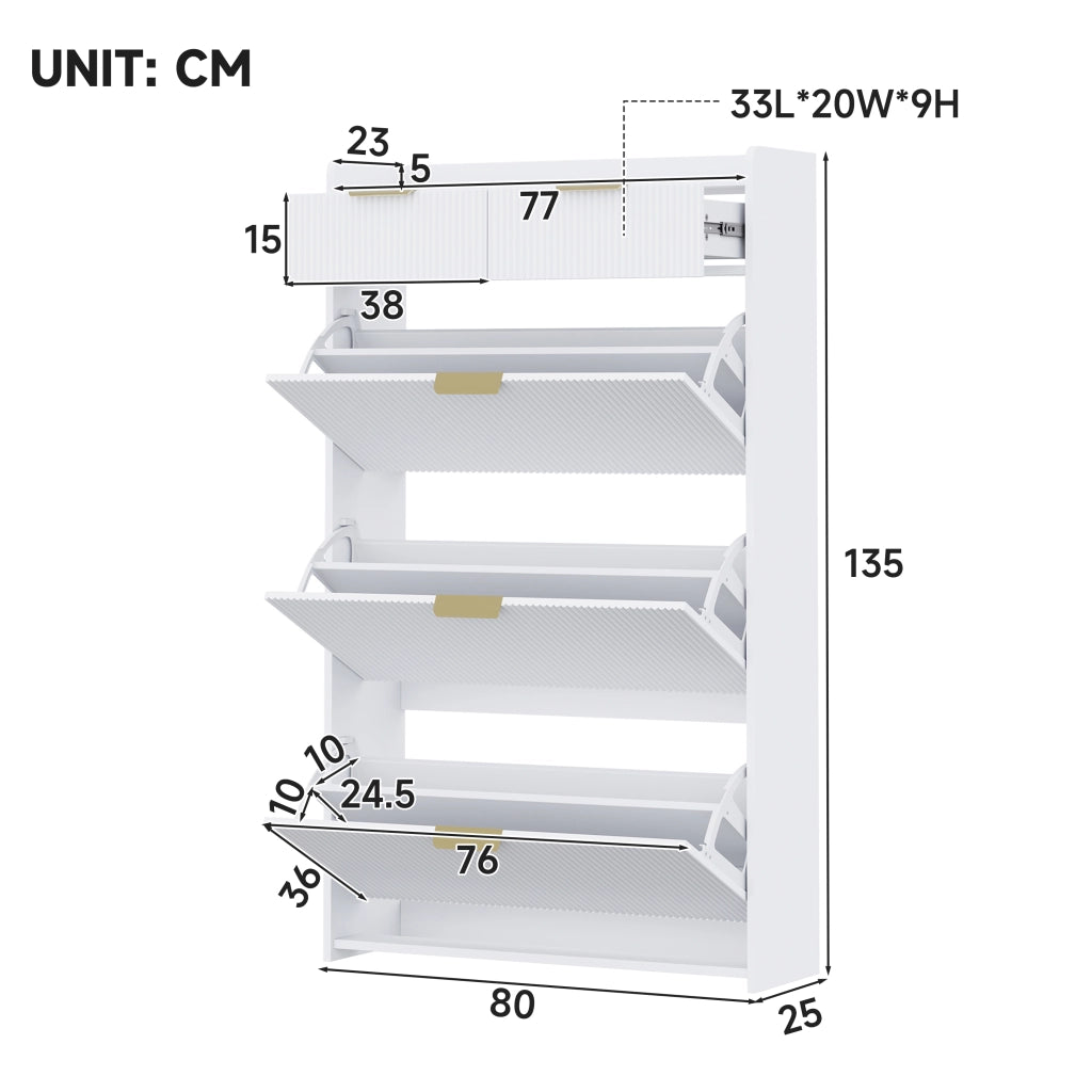 Scarpiera con 3 ante ribaltabili e 2 cassetti per ingresso in truciolare 80x25x135 cm bianco