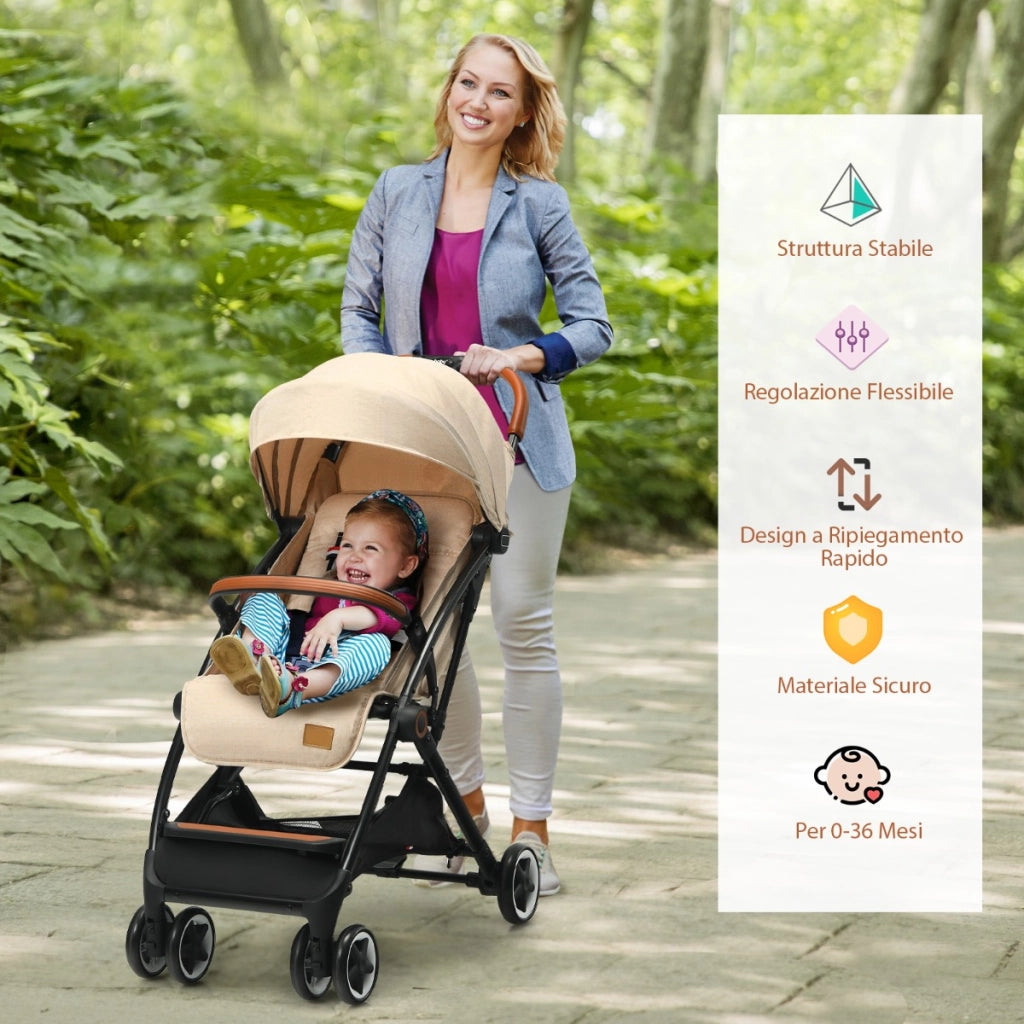 Passeggino pieghevole con telaio in alluminio schienale regolabili, Passeggino per bambini 0-3 anni Beige-Passeggini per bimbi