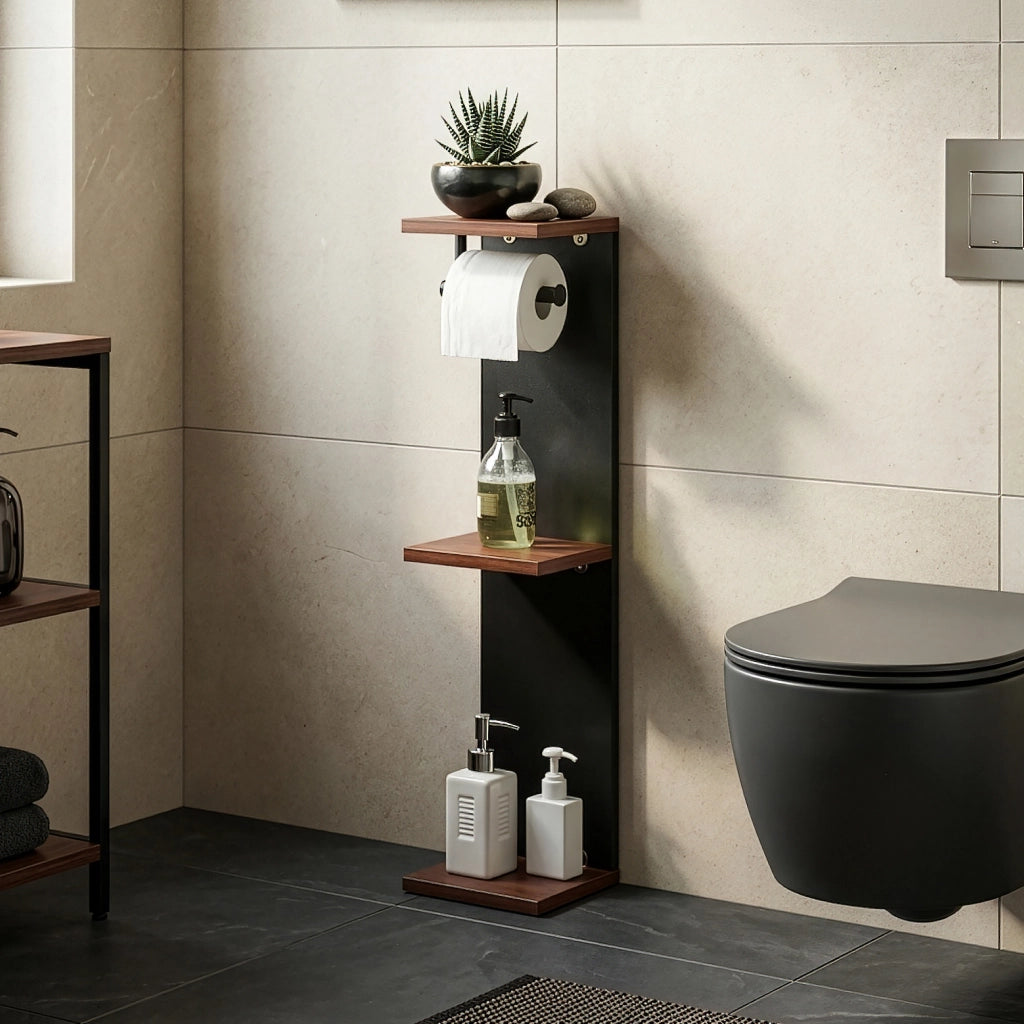 Mobile Porta Carta Igienica Trond Supporto Portarotolo 76 x 18 x 18 cm - Nero/Effetto Noce [en.casa]