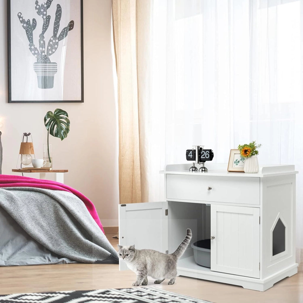 Mobile per Lettiera Gatti in Legno, con Portaoggetti, 2 Ante, Cassetto e Ingresso Laterale, Mobiletto Multiuso per Ingresso e Soggiorno, 76 x 53 x 74 cm, Carico Massimo 30 kg (Bianco)
