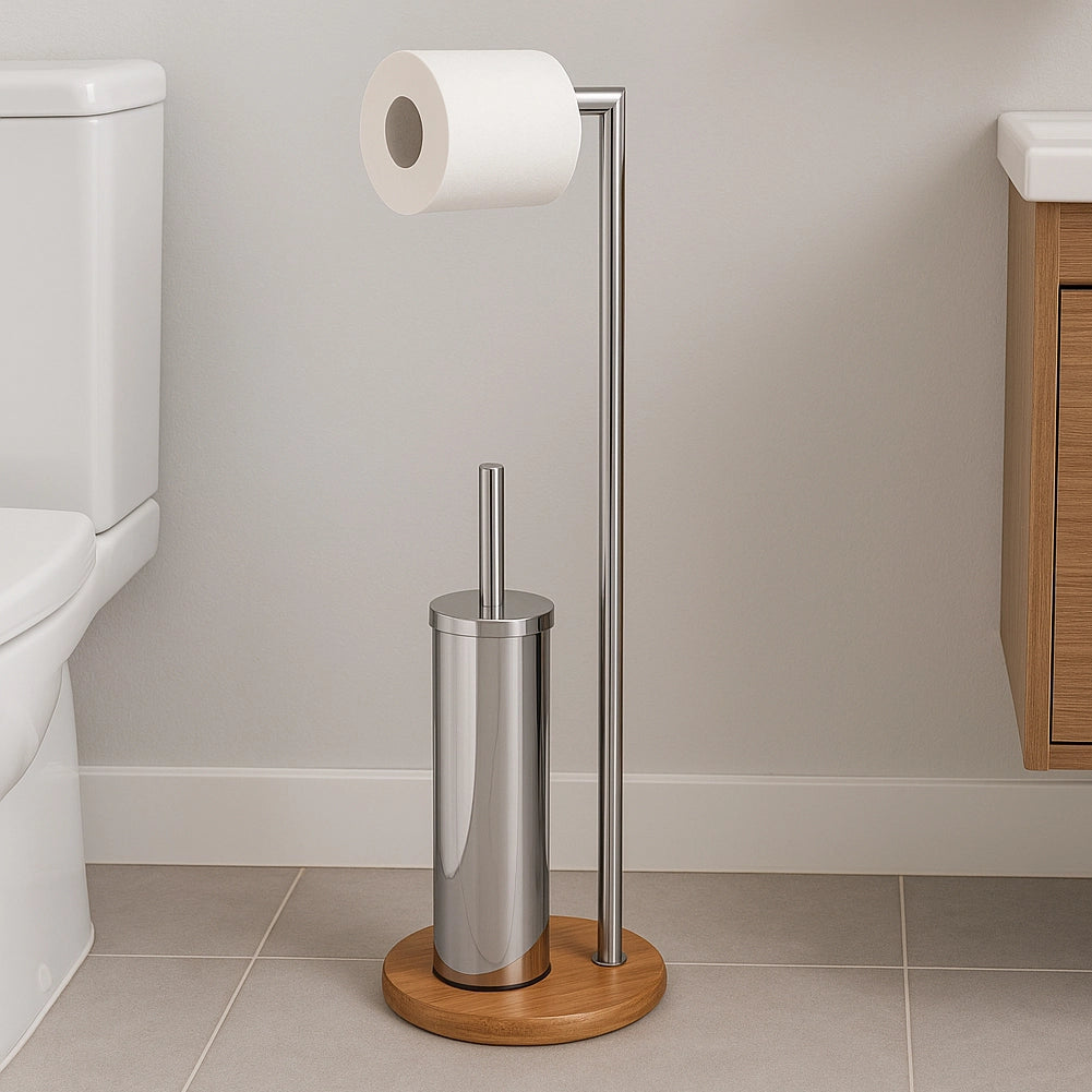Piantana Portascopino e Portarotolo Bagno Acciaio e Bambù Porta Rotolo e Scopino