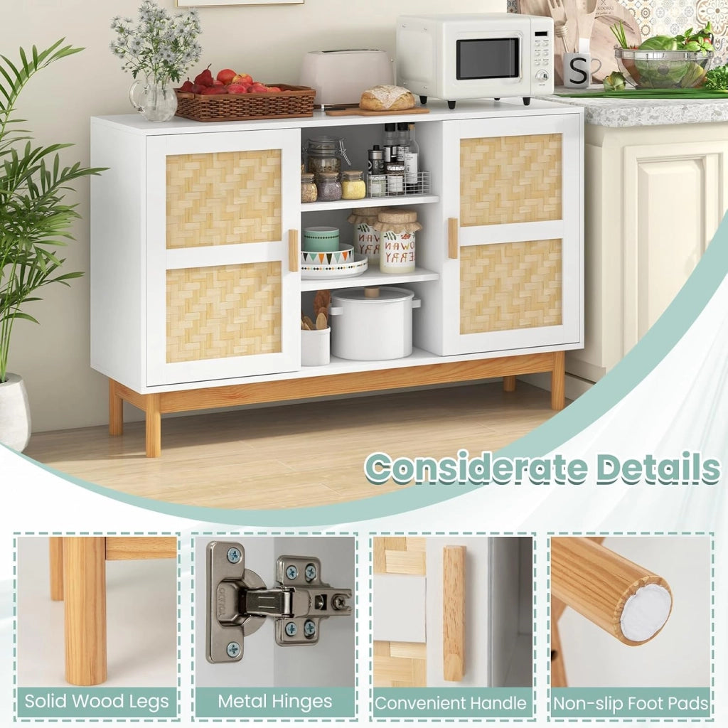Credenza Cucina con Ante in Legno e Bambù, Mobile Cucina Dispensa con 3 Ripiani Aperti, Mobiletto Cucina con Dispositivo Antiribaltamento, per Soggiorno, Sala da Pranzo, 120 x 35 x 78 cm
