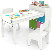 3 in 1 Set Tavola d’Arte e 2 Sedie per Bambini, Tavolo in Legno con Rotolo di Carta per Disegnare, Mobile Montessori per Cameretta con Ripiani e 4 Cassetti in Tessuto Salvaspazio (Bianco)