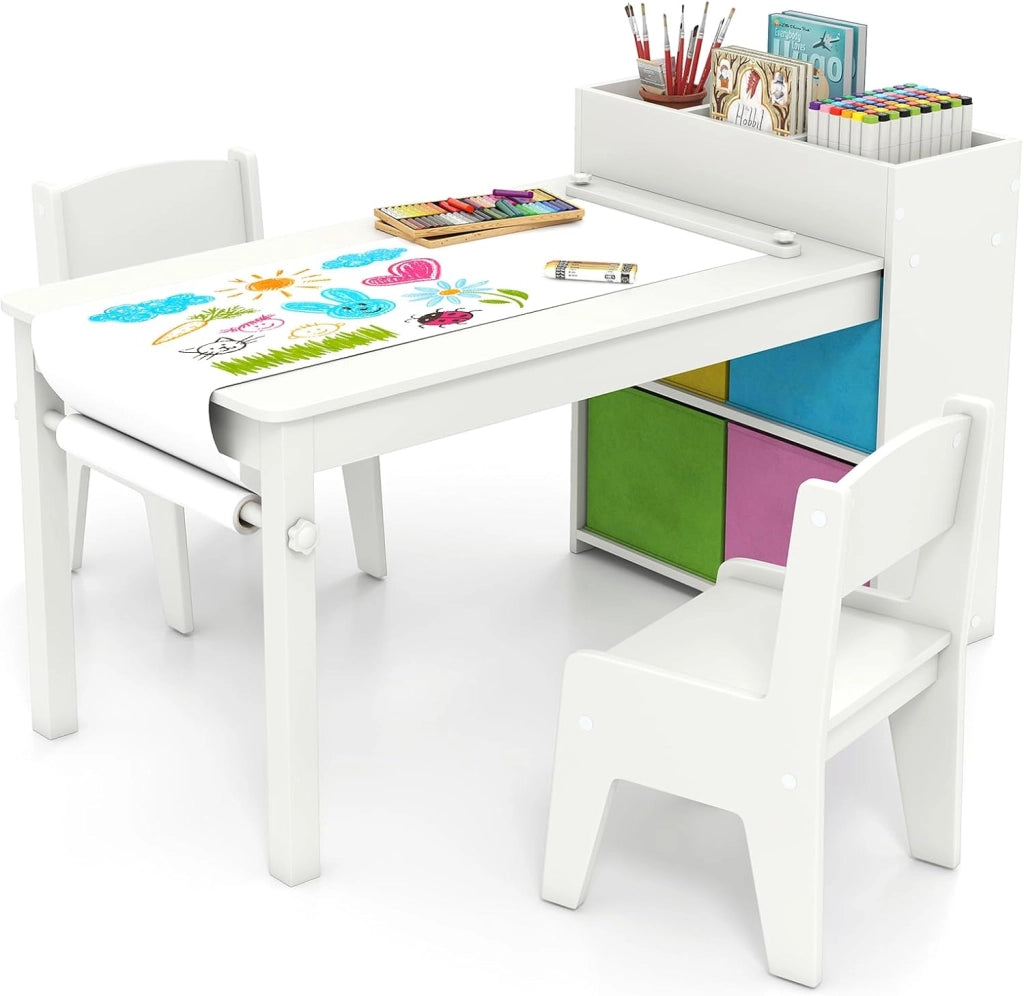 3 in 1 Set Tavola d’Arte e 2 Sedie per Bambini, Tavolo in Legno con Rotolo di Carta per Disegnare, Mobile Montessori per Cameretta con Ripiani e 4 Cassetti in Tessuto Salvaspazio (Bianco)