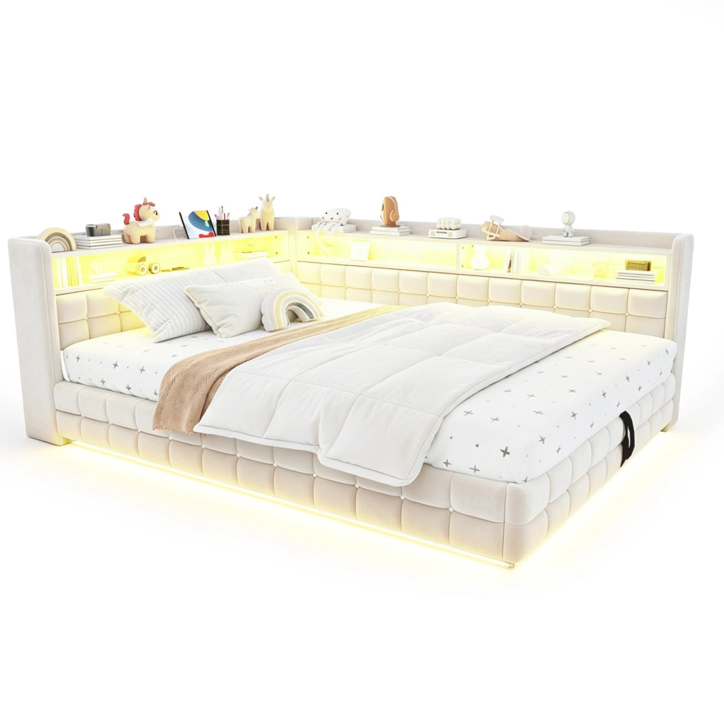 Divano letto 140x200 cm con contenitore idraulico, LED e prese USB-C in velluto beige
