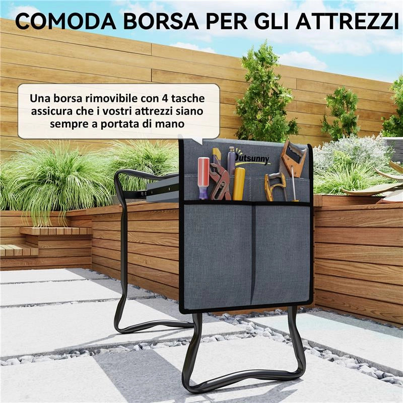 SEDIA INGINOCCHIATOIO 2 IN 1 IN ACCIAIO CON BORSA PORTAOGGETTI E CUSCINO IN EVA, 58X28X49 CM, GRIGIO E NERO