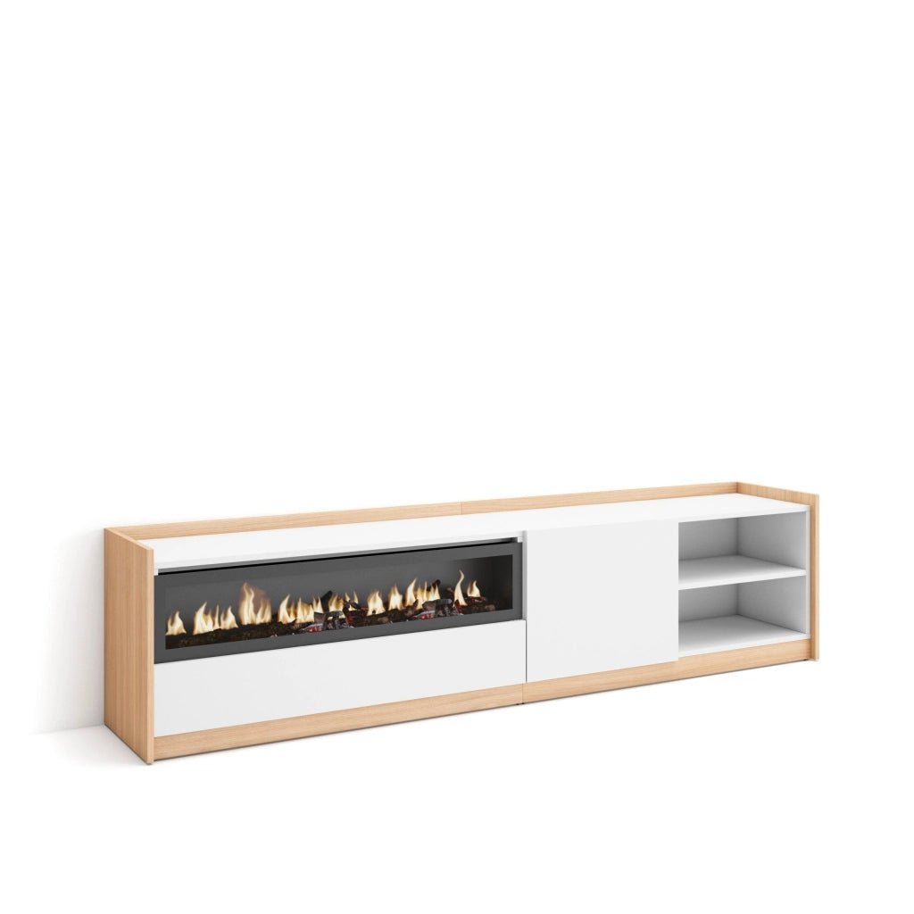 Mobile TV Soggiorno, 207x50x37 cm, Per TV fino a 80", Camino elettrico, Bianco e Rovere soft