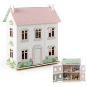 Casa delle bambole in legno per bambini con tetti doppio lato e porte apribili-Giocattolo a 3 livelli per 3+ anni Rosa