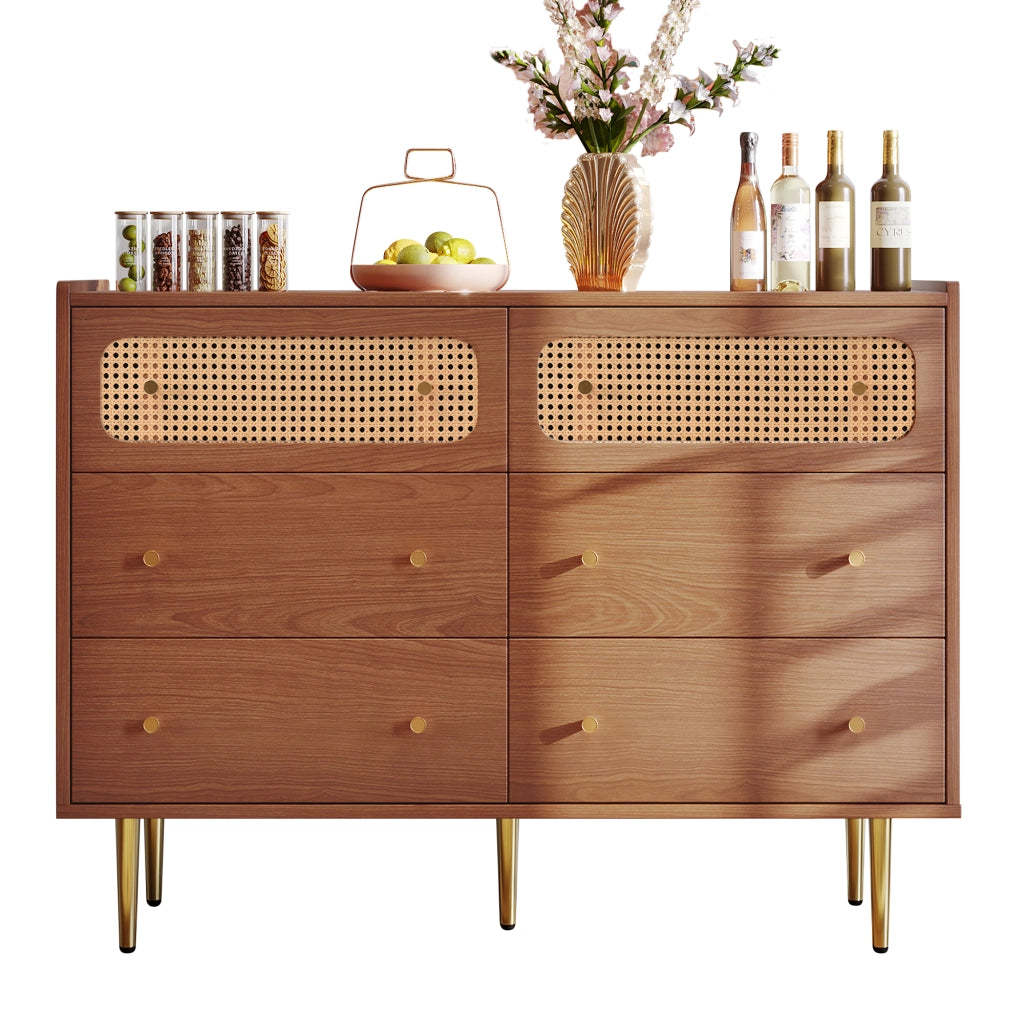 Cassettiera con 6 Cassetti e 2 Frontali in Rattan; Angoli Arrotondati; Stile Vintage; in Legno e Metallo; 120×40×90 cm; Noce