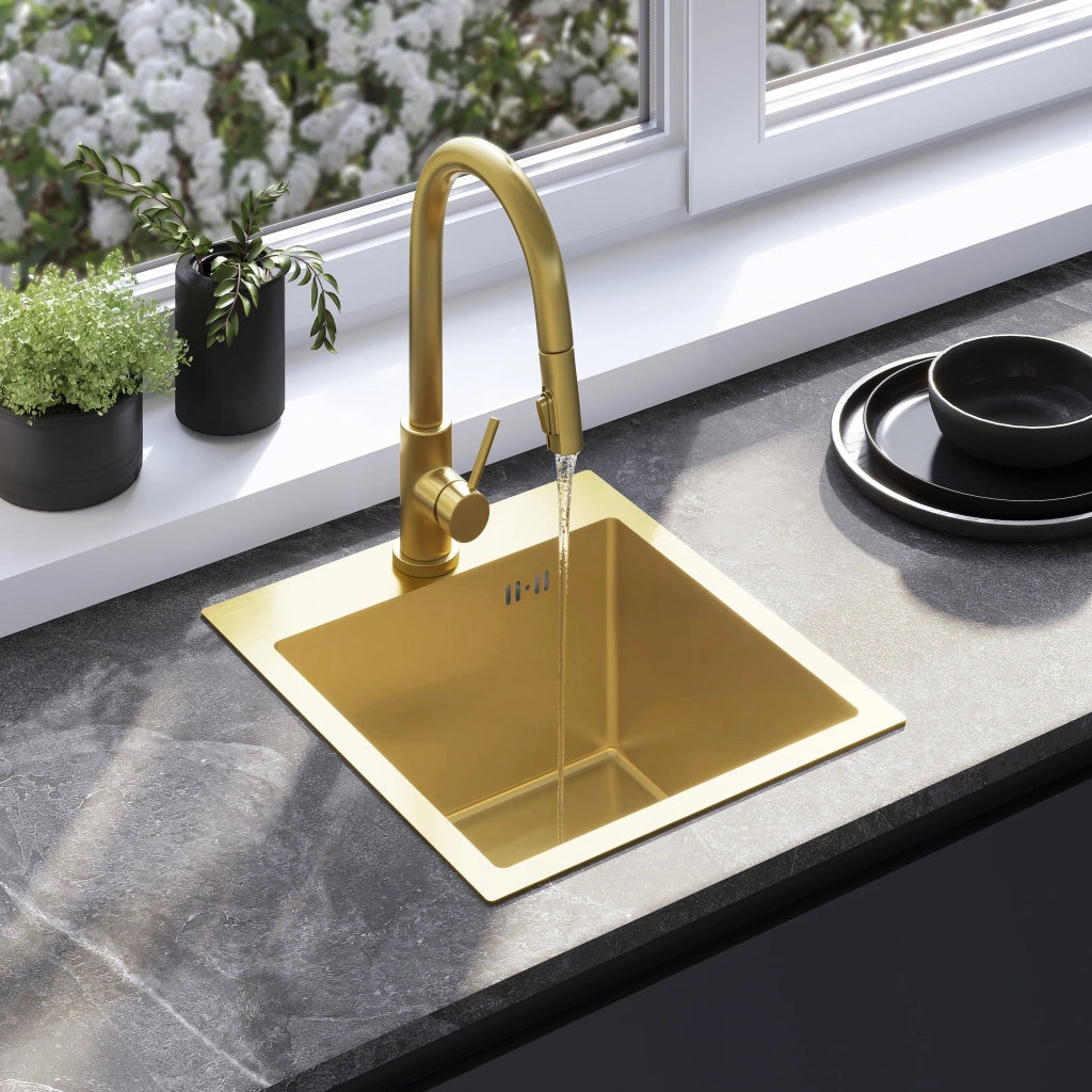 Lavello In Acciaio Con Set Di Accessori 3 Pz. Rea Leo 40 Brush Gold Accessori beige